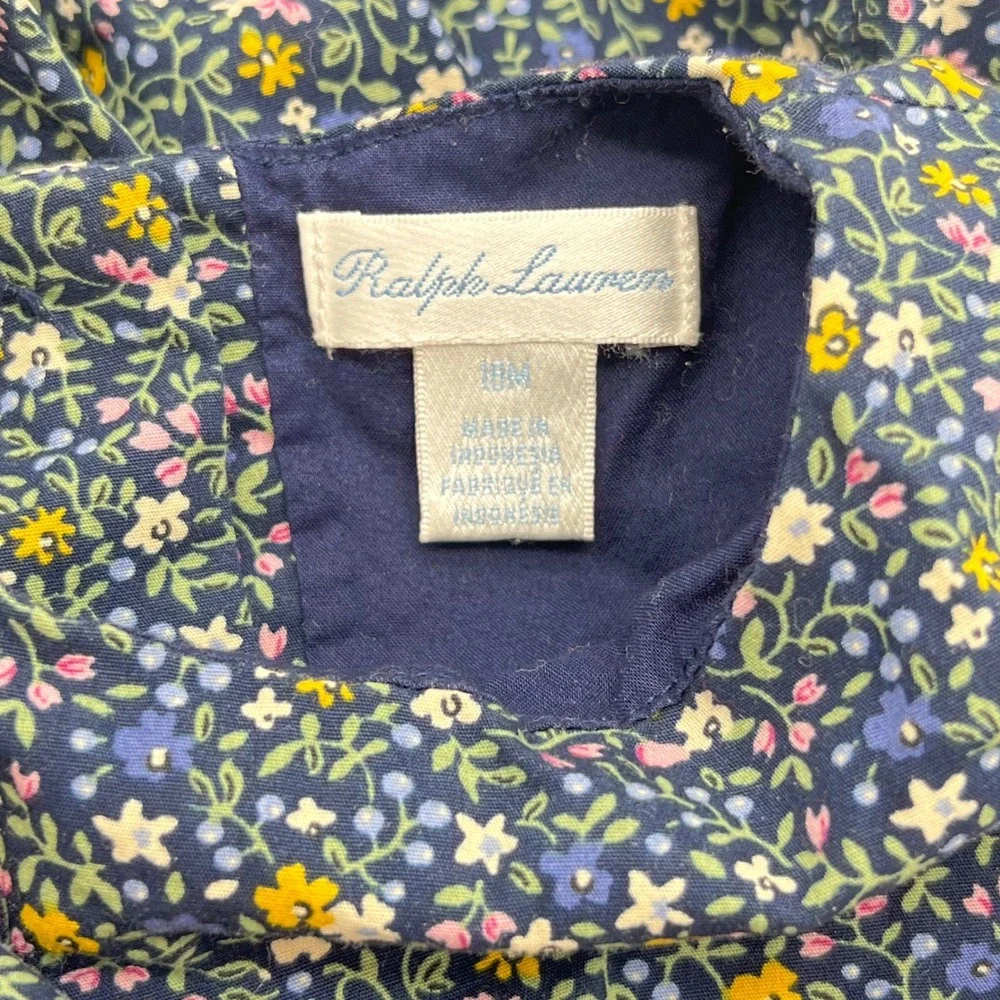Ralph Lauren Baby Girls Navy Blue Floral Cotton Lined Dress 18M Button Back‎
